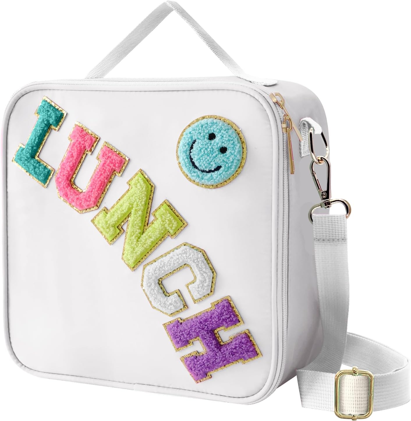 Insulated Lunch Bag With Adjustable Shoulder Strap, Nylon Preppy Lunch Box Large Insulated Lunch Bag Reusable Lunch Tote Bag with Smiley Preppy LunchBag for Girls School Travel Picnic (Green)