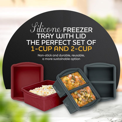 ZIP STANDING Silicone Freezer Trays with Lids, Set of 4 - with 1cup and 2 cup Silicone Freezer Molds for freezing soups, sauces and individual microwave safe