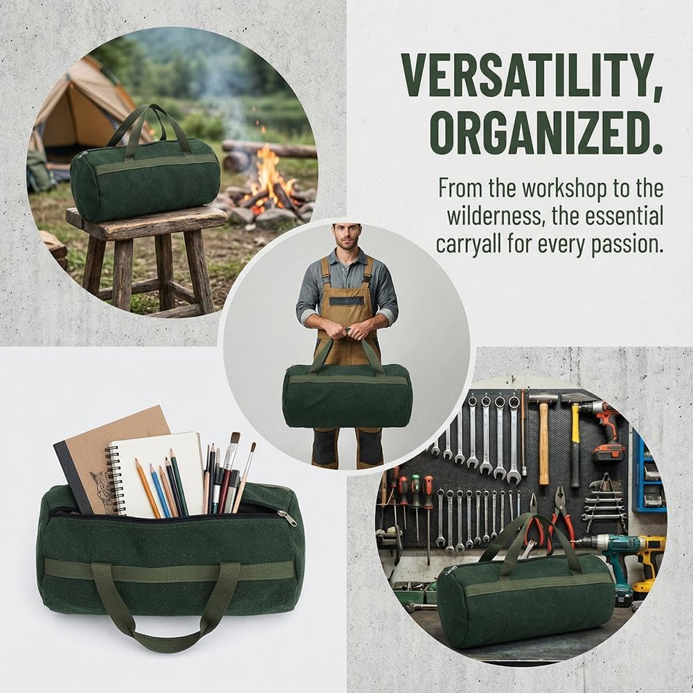 Grill Accessory Storage Bag, Extra Thick Canvas Grills Utensil Storage Bag, Double Zipper Grill Tool Storages Bags, BBQ Tool Storages Bags Carry Bages for Camping Hiking Barbecue, Dark Green