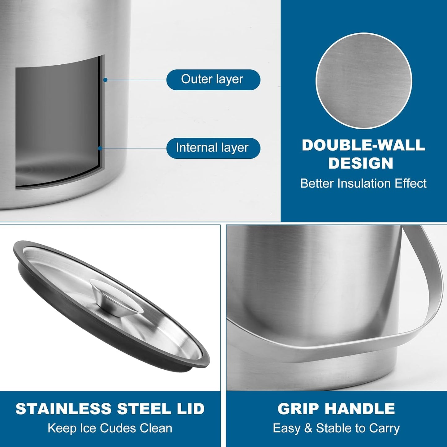 4L Stainless Steel Ice Bucket With Lid, Insulated Double-Wall Ice Buckets with Scoop & Tongs for Parties, Portable Ice Container for Chilled Champagne Wine Drink, Ideal for Home/Activities/Bar Freezer