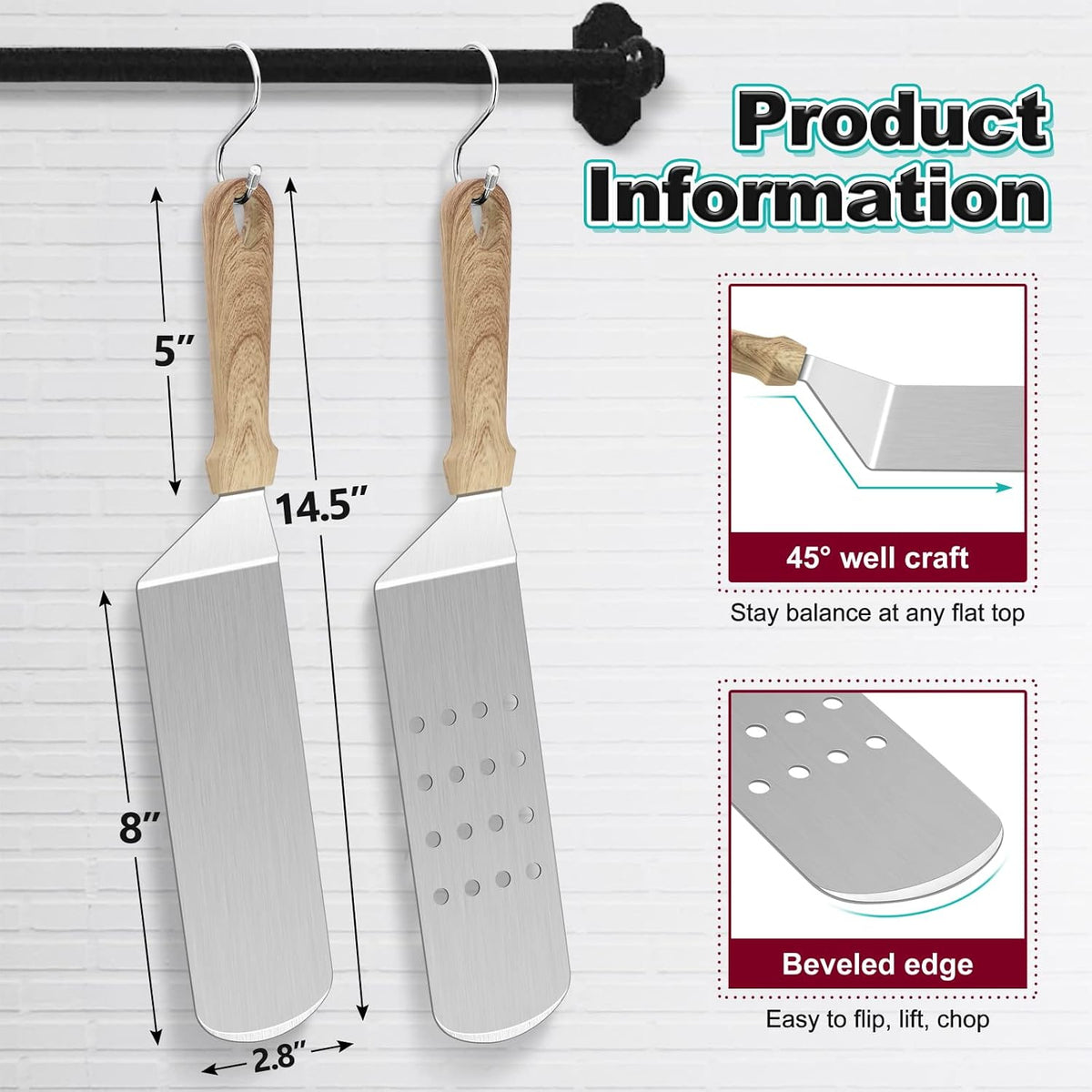 Metal Spatula Set, HaSteeL Stainless Steel Griddle Spatula Tools Kit with Wooden Handle, Heavy Duty Long Pancake Flipper Burger Turner for BBQ Teppanyaki Flat Top Grilling Cooking Outdoor & Indoor