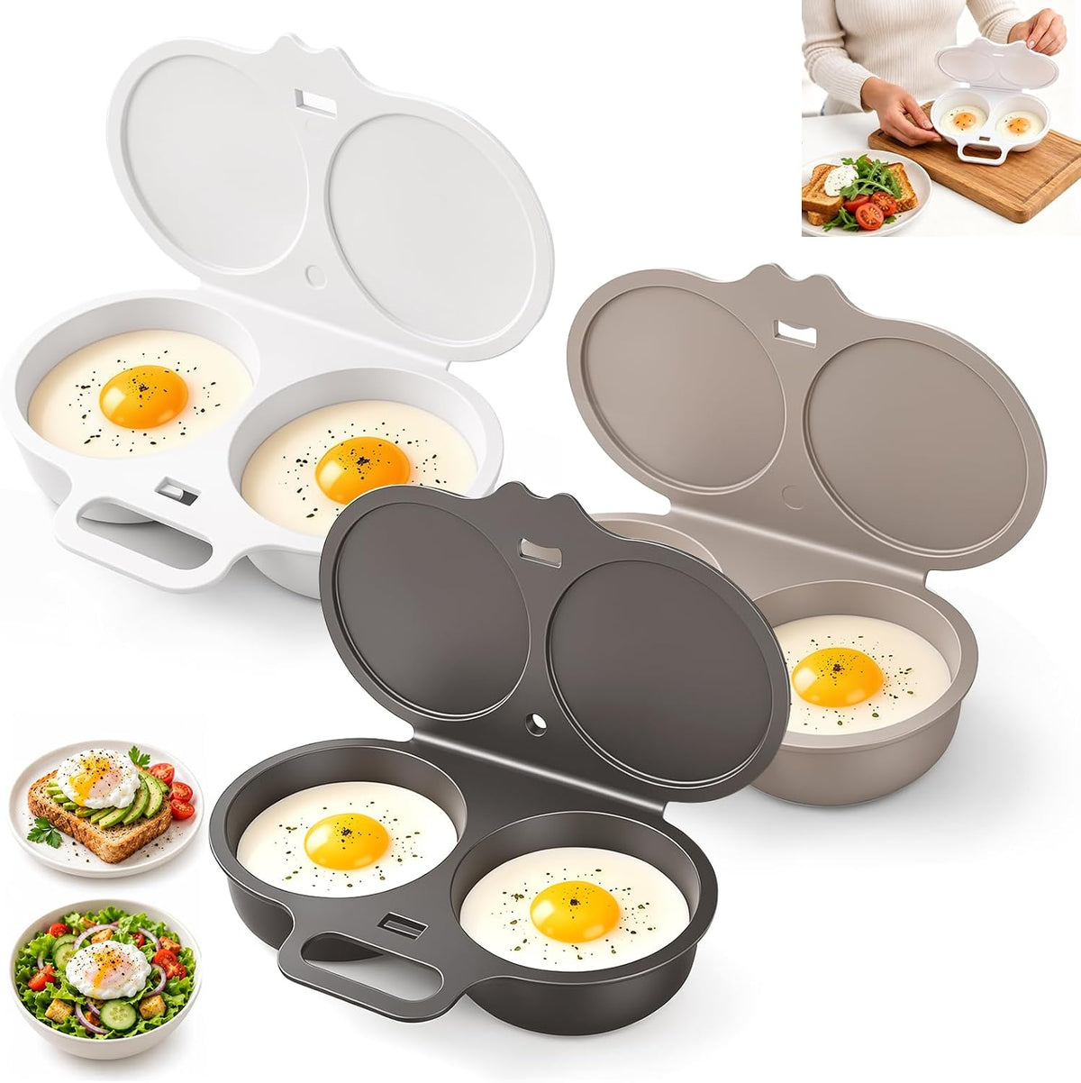 3Pcs Microwave Egg Poacher for 2 Eggs,Microwave Egg Cooker with Lid&Handle