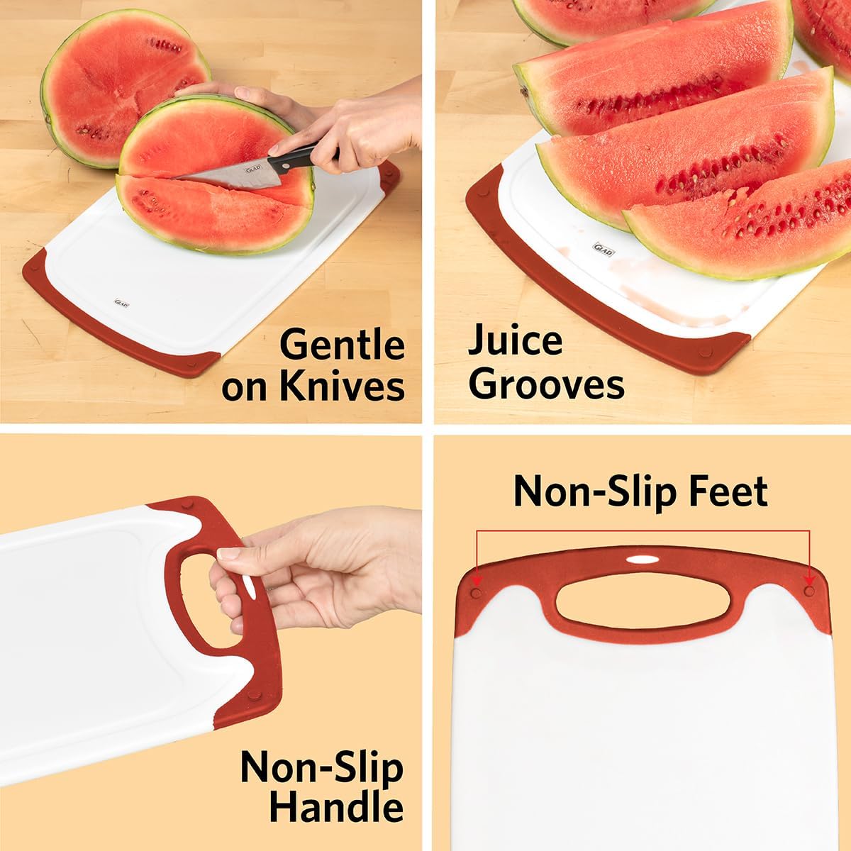 Glad Cutting Boards for Kitchen - 3pc Cutting Board Set with Juice Grooves and Non Slip Handles - Assorted Sizes for Meat, Vegetables, and Fruit - Non Porous, Dishwasher Safe, Grey