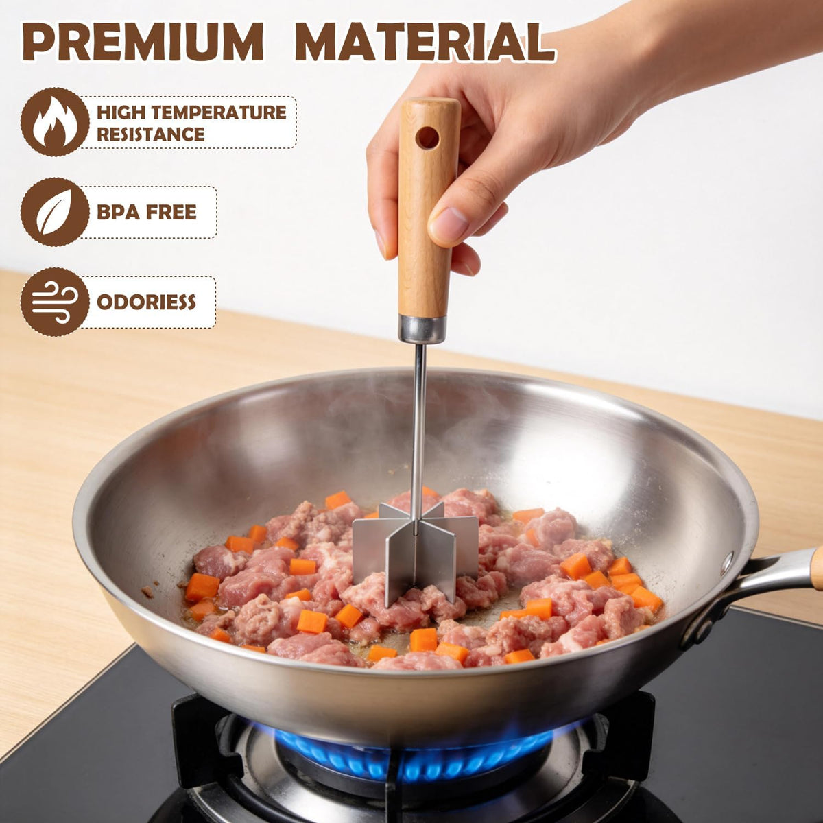 304 Stainless Steel Meat Chopper, 6-Blade Ground Beef Masher & Hamburger Smasher Tool, Heavy Duty Ground Meat Chopper with Ergonomic Wooden Handle for Beef, Turkey & Potatoes
