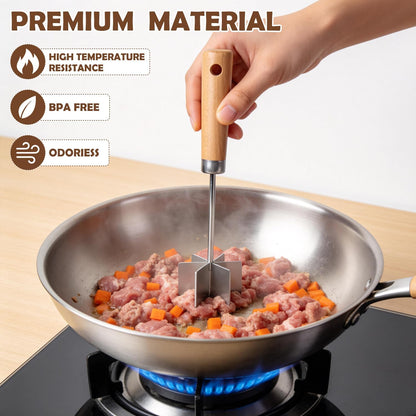 304 Stainless Steel Meat Chopper, 6-Blade Ground Beef Masher & Hamburger Smasher Tool, Heavy Duty Ground Meat Chopper with Ergonomic Wooden Handle for Beef, Turkey & Potatoes