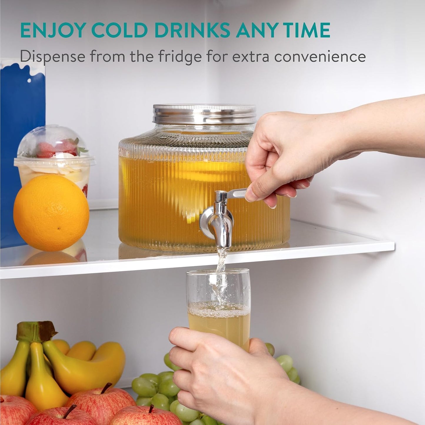 Navaris Glass Drink Dispenser with Tap - 0.7gal (2.7L) Ripple Design Beverage Dispenser - Party Beverage Container for Cocktails, Juice, Water - Ideal for Parties & Events