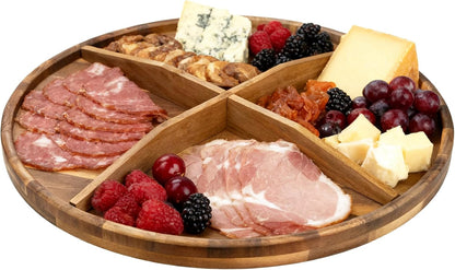 Utoplike Extra Large Acacia Wood Serving Tray, 23.6'' Round Charcuterie Board, Cheese Board with Rotating Base Raised Edge and Removable Dividers for Food, Snacks, Party, Dining