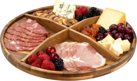 Utoplike Extra Large Acacia Wood Serving Tray, 23.6'' Round Charcuterie Board, Cheese Board with Rotating Base Raised Edge and Removable Dividers for Food, Snacks, Party, Dining