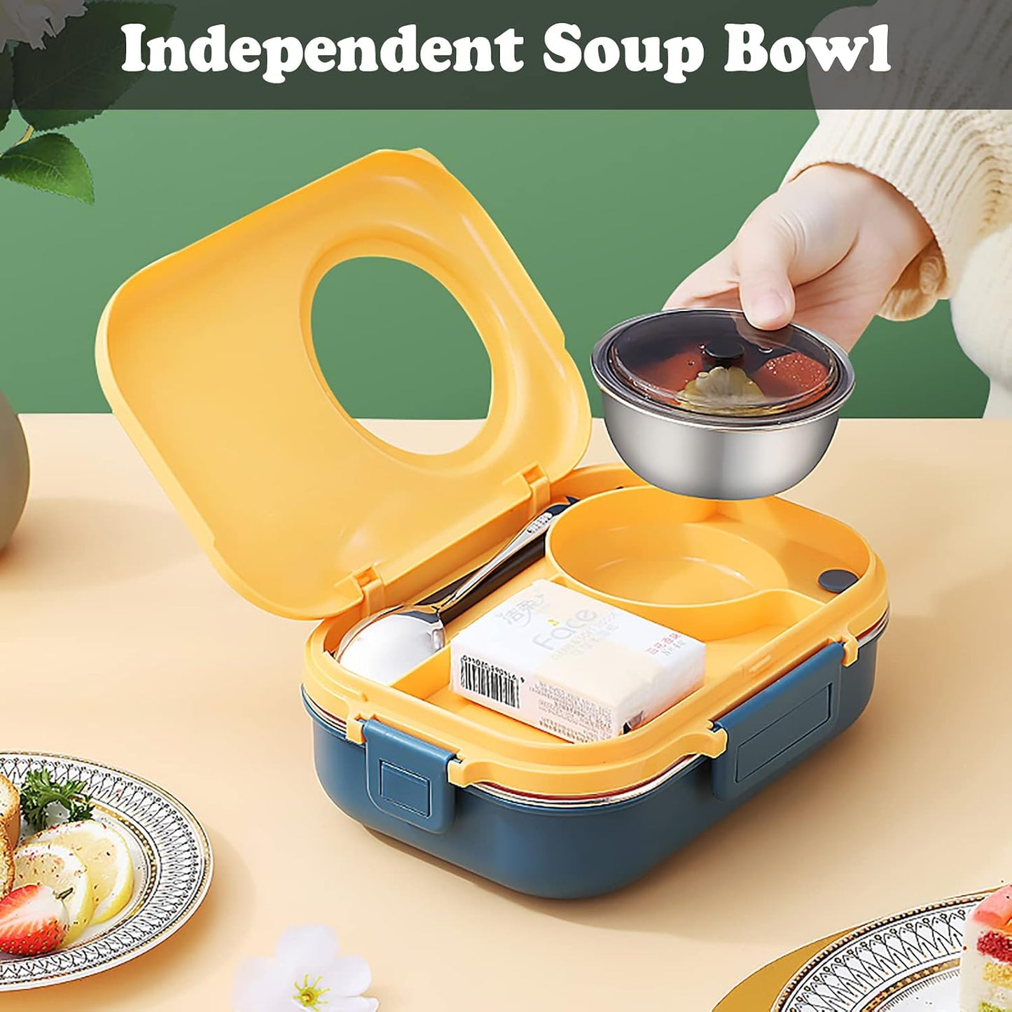 3 Compartments Bento Lunch box with Soup Bowl, Insulated Lunch Bag and Portable Utensils, Stainless Steel Camera Lunch Containers，Leak Proof Bento Box for Kids Adults Men Women…