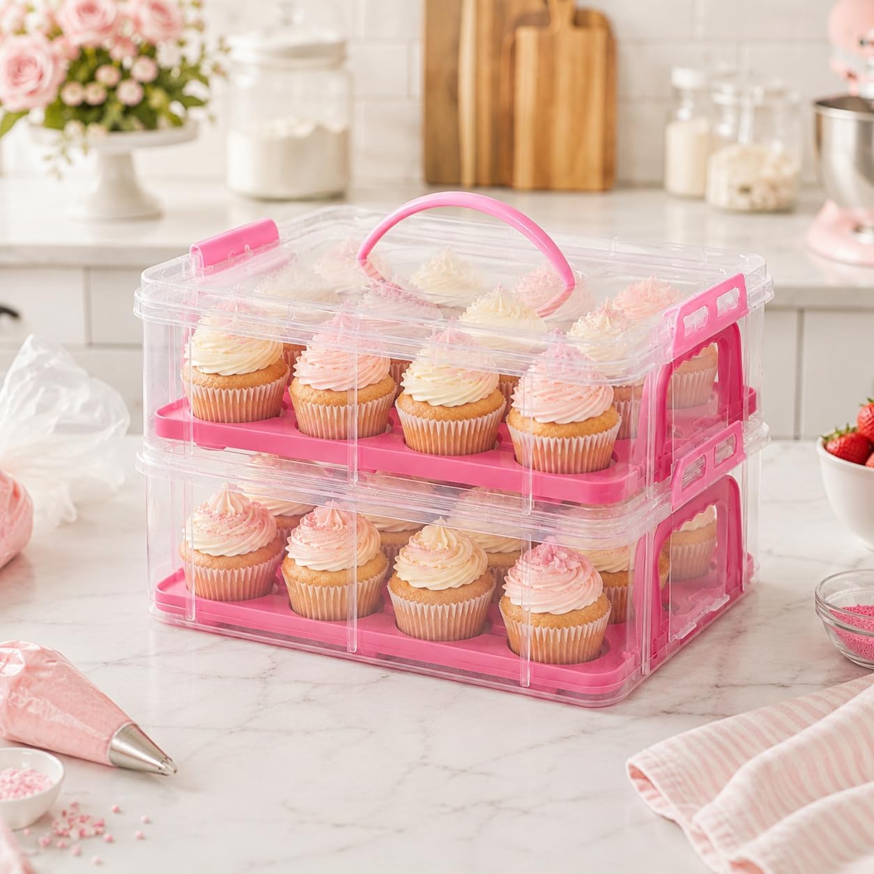 Cupcake Carrier Stackable Storage Container Collapsible Cake Carrier with Lid and Handle, with 50 PCS Cupcake liners,Reusable Plastic Dessert Travel Container,Transport Box (24 Cupcakes White)