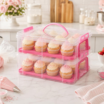 Cupcake Carrier Stackable Storage Container Collapsible Cake Carrier with Lid and Handle, with 50 PCS Cupcake liners,Reusable Plastic Dessert Travel Container,Transport Box (24 Cupcakes White)