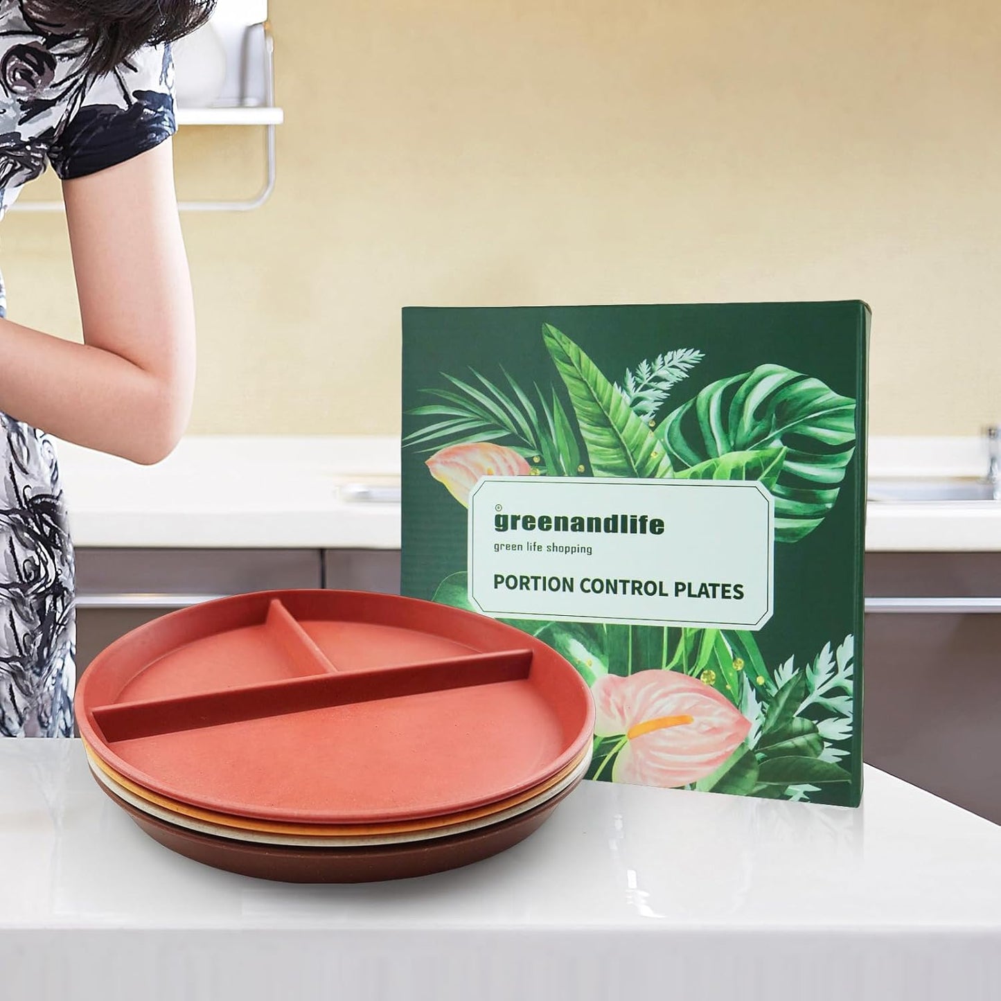 greenandlife 9 Inch 4PCS Portion Control Plates with Lids, Divided Plates for Kids Adults, Dishwasher Microwave Safe Compartment Plate, Unbreakable Lightweight Reusable Wheat Straw Plate, Earth Tone