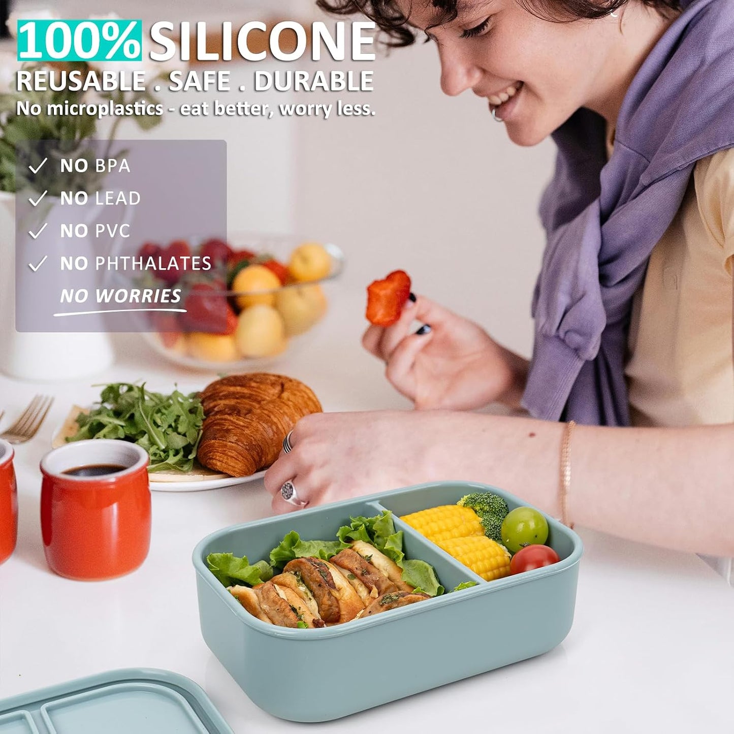 Silicone Bento Box Adult Lunch Container, 3 Compartment Container, Food Grade Silicone Bento Lunch Box for Work Travel Meal Prep, Leak-proof Food Storage Container（1 Pack Nile Blue）