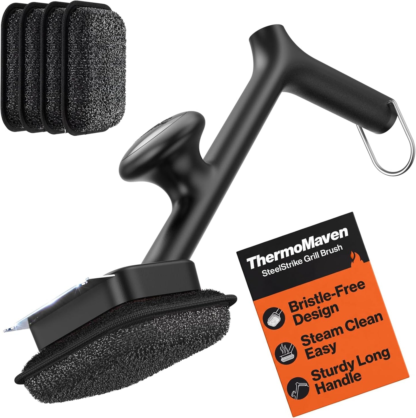 ThermoMaven Bristle-Free BBQ Grill Brush - No Wire Risk Steam Cleaner Removes Burnt Grease Fast - 17" Cool-Touch Handle, Scraper & 3 Replaceable Heads for Gas, Charcoal & Cast Iron