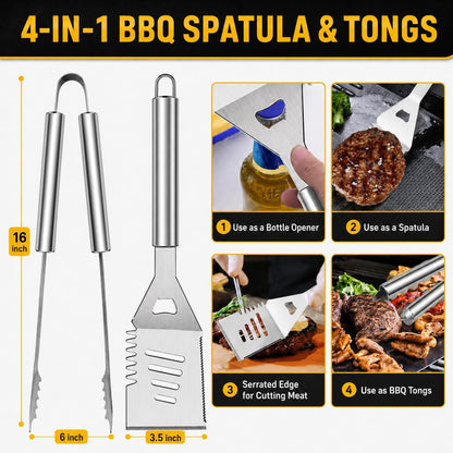 34Pcs Grill Accessories Grilling Gifts for Men, 16 Inches Heavy Duty BBQ Accessories, Stainless Steel BBQ Tools with Thermometer, Grill Mats for Backyard, BBQ Gifts Set for Men Women