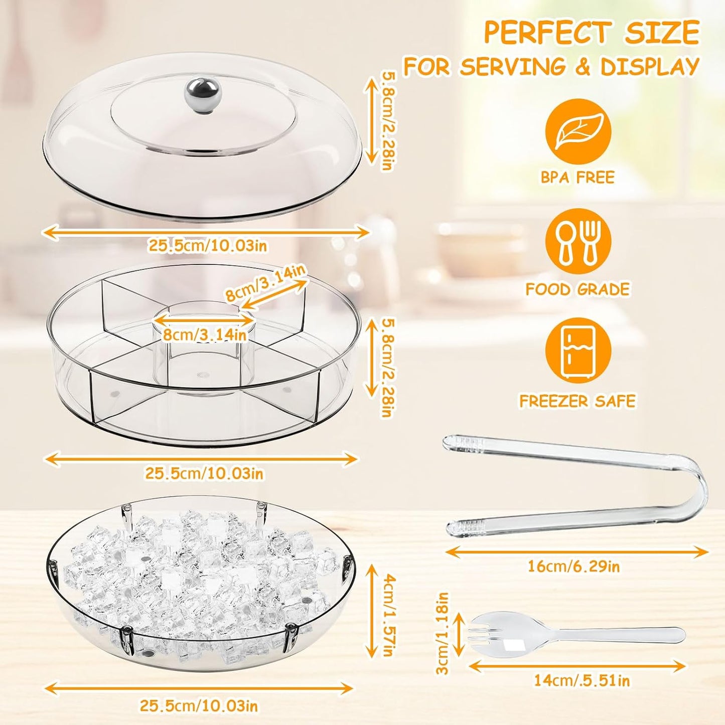Chilled Serving Tray, Rotating Snack Tray with Lid, Chilled Veggie Tray Clear Fruit Trays for Serving for Party, Snack Box for Shrimp Sushi Appetizer