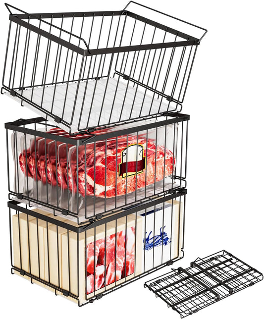 Large Freezer Organizer Bins, Upgrade Quick Expand/Collapse Feature, for 5-9 Cu.Ft Deep Freezer, 3 Pack Stackable Deep Freezer Organizer Bins, Black Wire Foldable Baskets (Black 3 Pack)