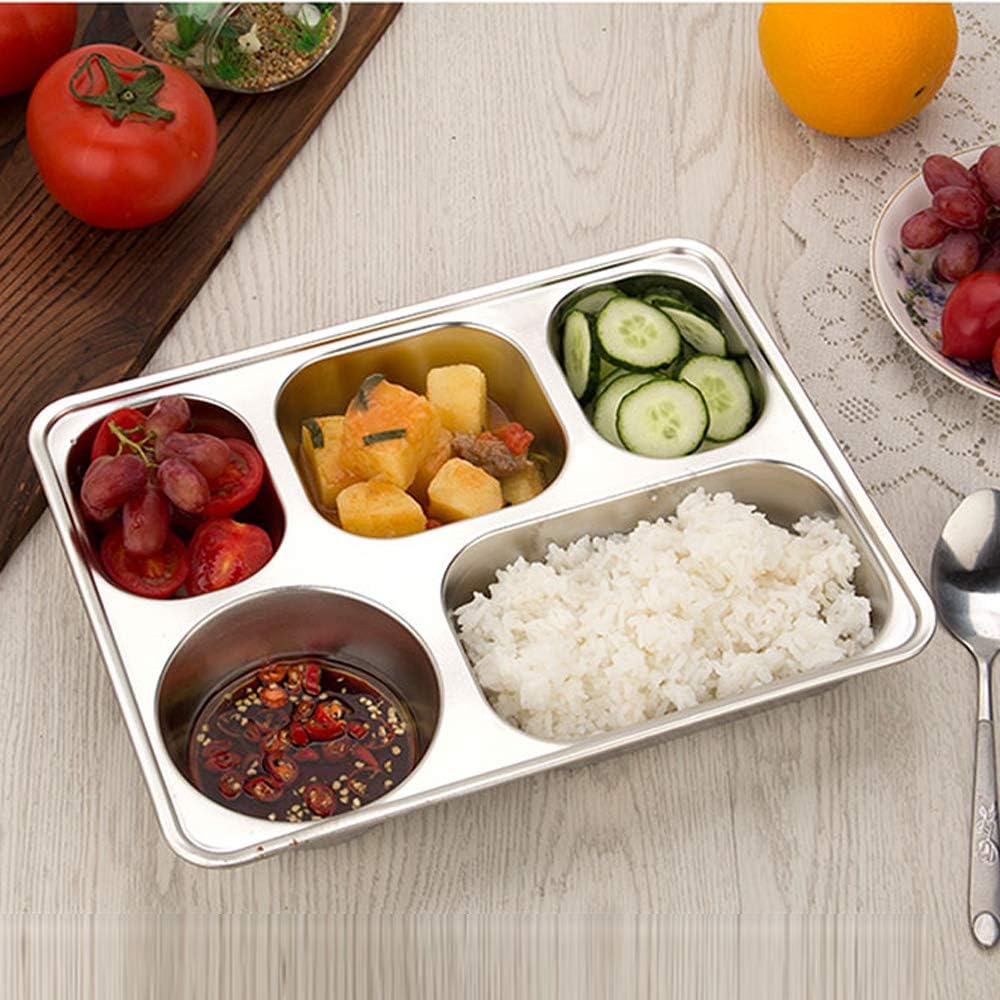 Set of 2 Stainless Steel Rectangular Divided Plates Tray 5 Sections Dinner Plates for Adults - Unbreakable Metal Plate for Campers, and Portion Control Reusable Plate