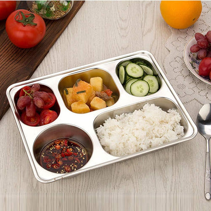 Set of 2 Stainless Steel Rectangular Divided Plates Tray 5 Sections Dinner Plates for Adults - Unbreakable Metal Plate for Campers, and Portion Control Reusable Plate