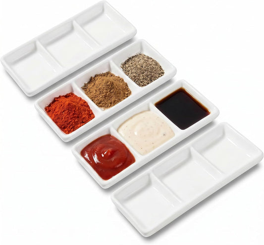 Ceramic Divided Serving Tray 5.8 inch, 4 Pack 3 Compartment Appetizer Tray White Stackable Chip and Dip Serving Dish Condiment Server for Entertaining, Snack Food Dessert, Dishwasher Safe