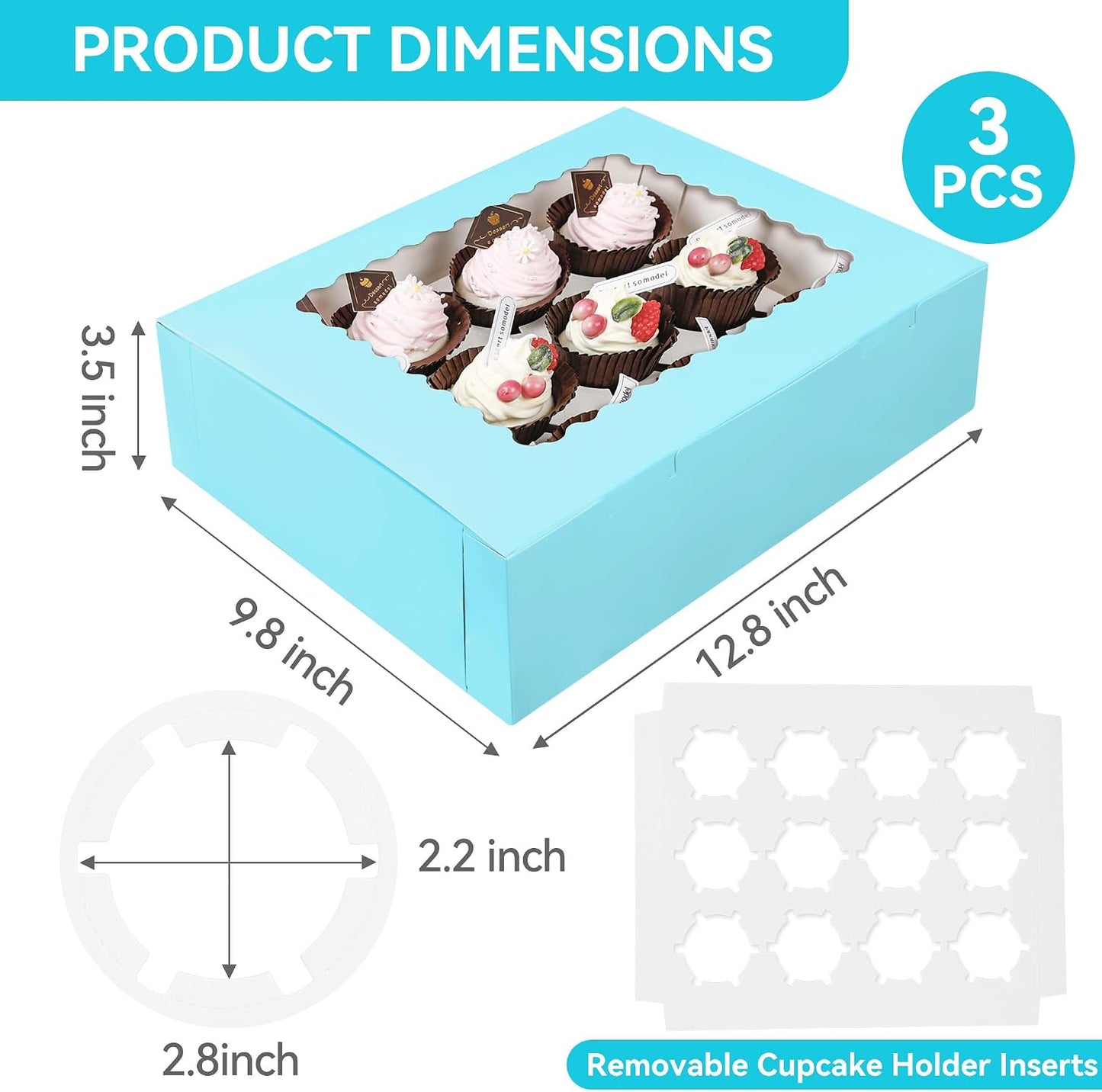 3-Set Cupcake Boxes Bulk with Clear Display Window Hold 12 Standard Cupcakes, Disposable Food Grade White Cupcake Carrier Cupcake Container, Perfect for Cupcakes Muffins Cookies Pastries