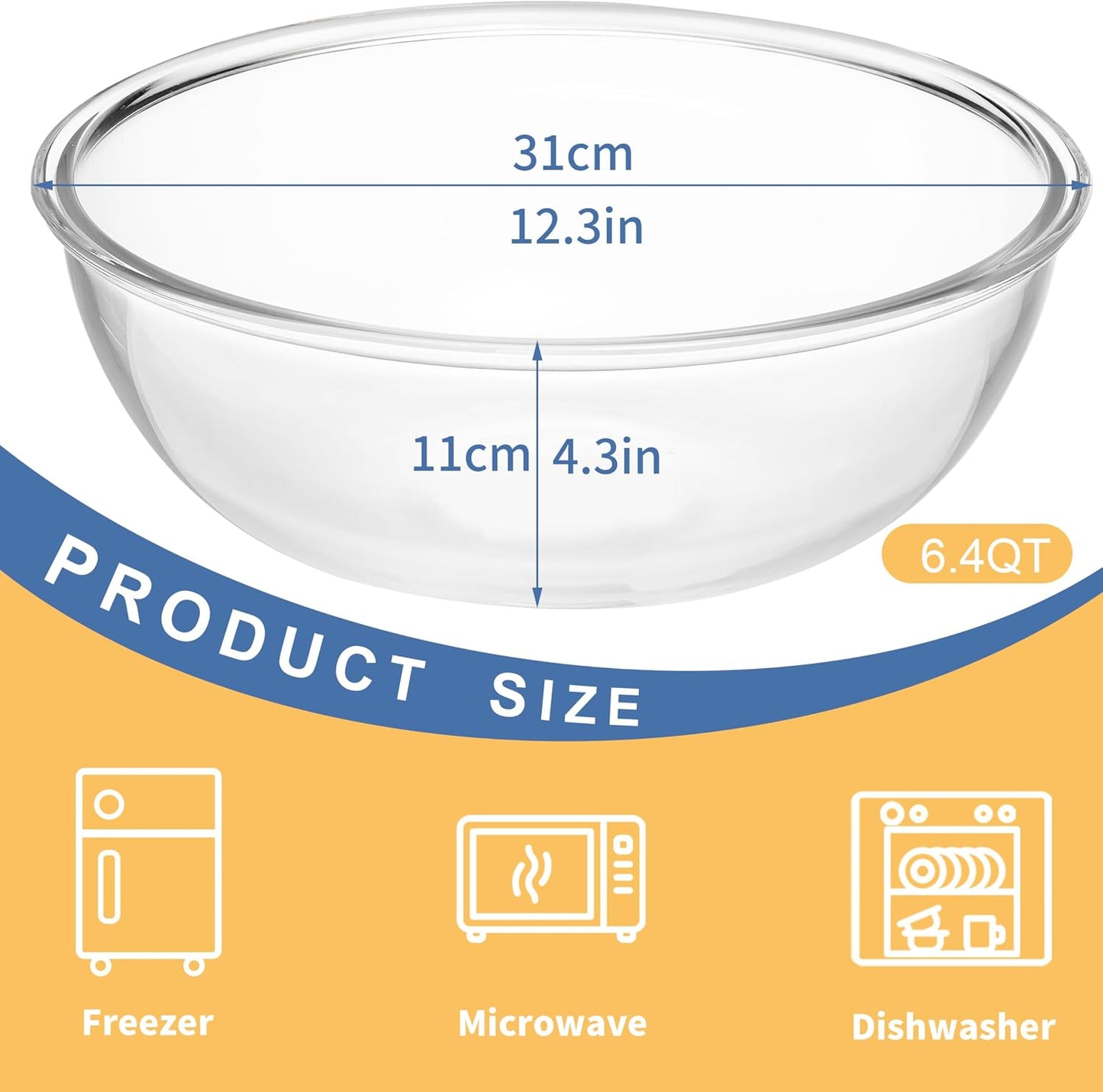 4.7Qt Large Glass Mixing Bowl with Lid, Clear Large Salad Bowls with Airtight Bamboo Lid & Handle,Thickened Glass Big Mixing Bowls Cooking Bowl for Serving, Food Prep, Kitchen,Borosilicate Glass