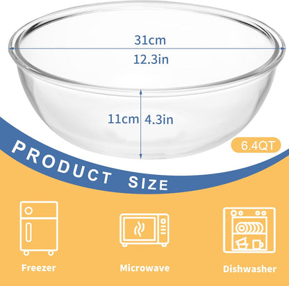 4.7Qt Large Glass Mixing Bowl with Lid, Clear Large Salad Bowls with Airtight Bamboo Lid & Handle,Thickened Glass Big Mixing Bowls Cooking Bowl for Serving, Food Prep, Kitchen,Borosilicate Glass