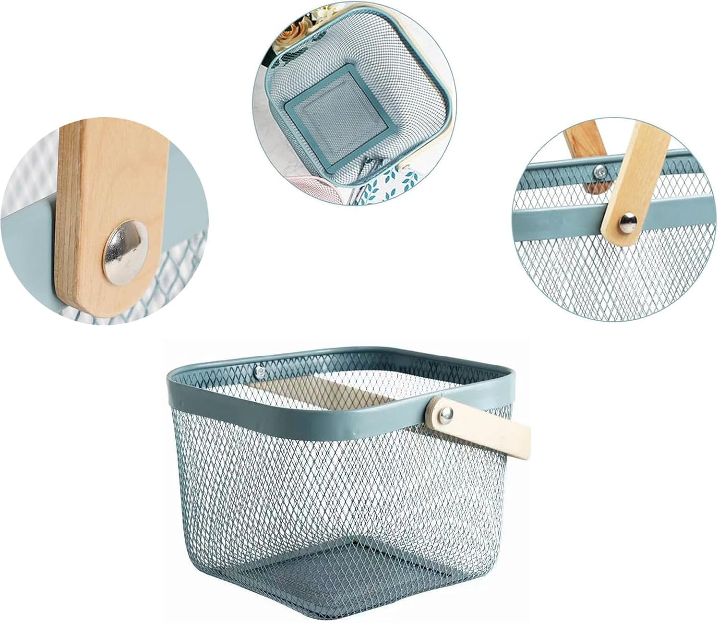 AJIODA Metal Mesh Wire Basket, Large Steel Basket with Wooden Handle Storage Organizer Basket Multi-functional Hanging Kitchen Baskets Fruit Baskets for Kitchen Bathroom Cabinet Pantry Snacks, Black