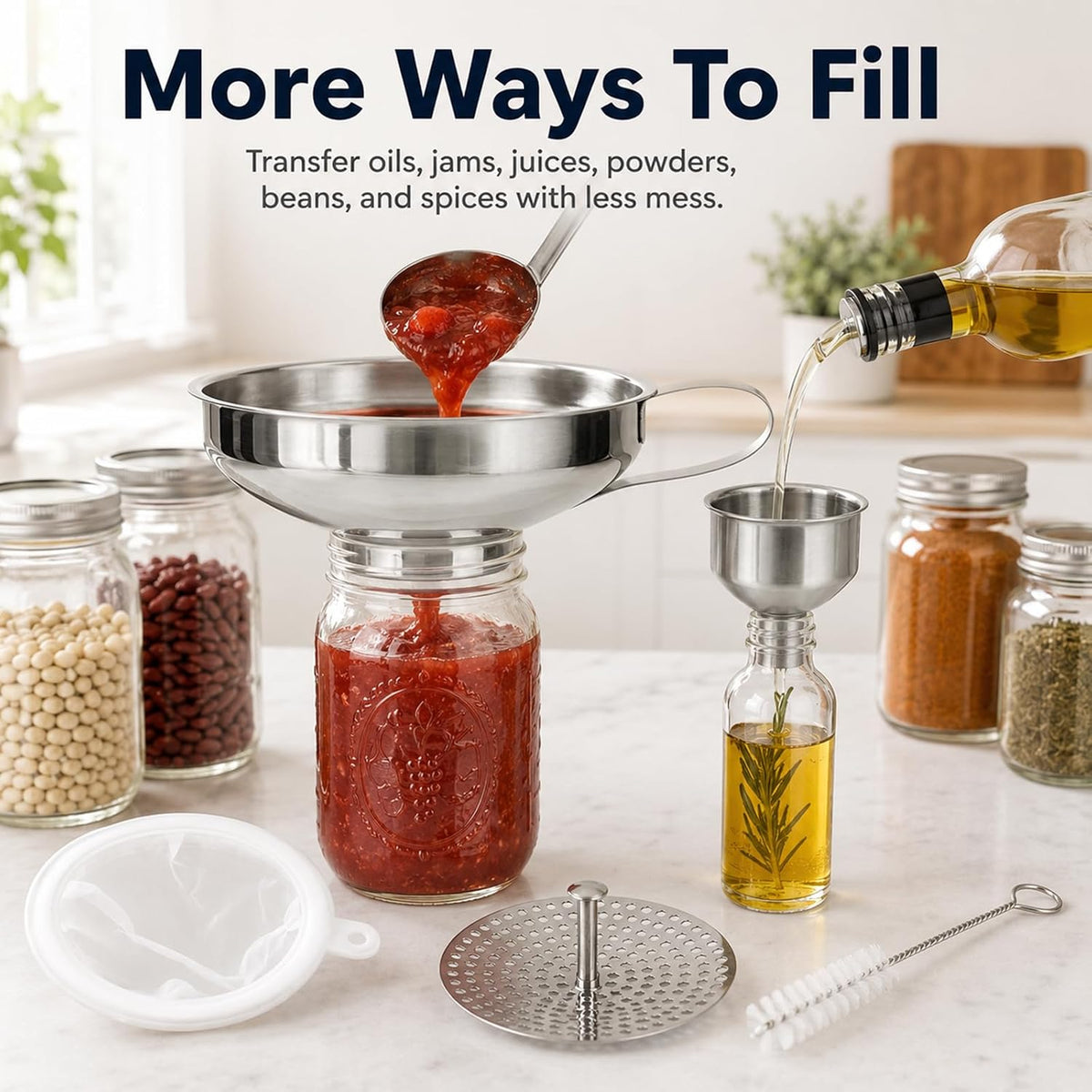 Canning Funnel with Strainer, Wide Mouth Funnel for Mason jar, Stainless Steel Canning Supplies with Cleaning Brush for Kitchen Use, 3 Pack (Small and Large)