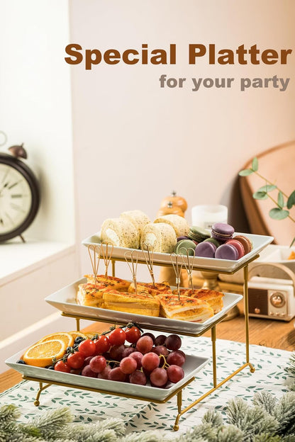 LAUCHUH 3 Tier Serving Tray, Porcelain Serving Platter Tier Serving Stand with Collapsible Sturdier Rack, Serving Trays and Platters Dessert Party Display Set for Father's Day, Gold, 12 Inch