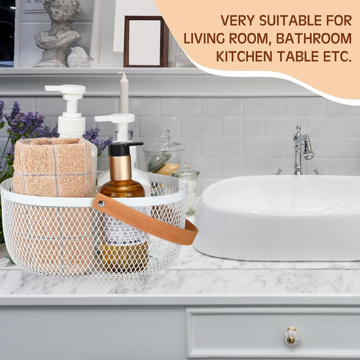 Maxcheck 4 Pcs Oval Metal Wire Storage Basket with Handle for Gathering Vegetables Multi Functional Mesh Basket for Kitchen Bathroom Picnic Home, 10.24 x 7.68 Inch(White)