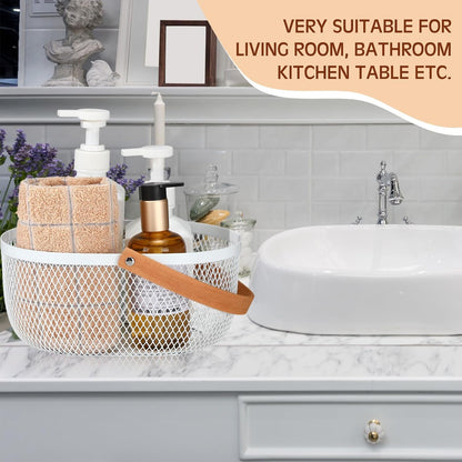 Maxcheck 4 Pcs Oval Metal Wire Storage Basket with Handle for Gathering Vegetables Multi Functional Mesh Basket for Kitchen Bathroom Picnic Home, 10.24 x 7.68 Inch(White)