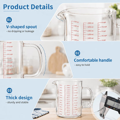 Glass Measuring Cup, 6Cup/1500ml/50oz Glass Liquid Measuring Cup With Handle and V-Shaped Spout High Borosilicate Glass-Measuring-Cup for Kitchen or Restaurant, Easy to Read