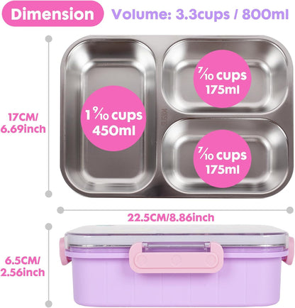 Stainless Steel Bento Lunch Box for Kids, 800ml/27oz BPA-Free Leak-Proof Food Containers with 3 Compartments, Freezer & Dishwasher Safe, Back to School Students Lunches Size for Ages 3-7
