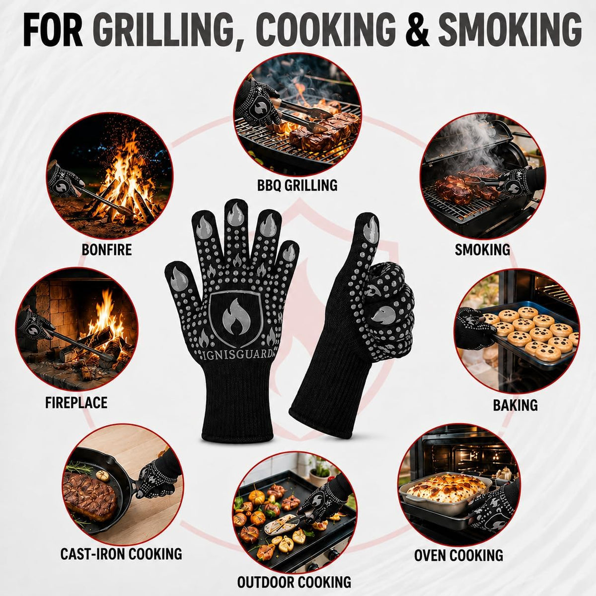 BBQ & Grill Gloves, Oven Gloves Heat Resistant, 1 Pair, Red (L)
