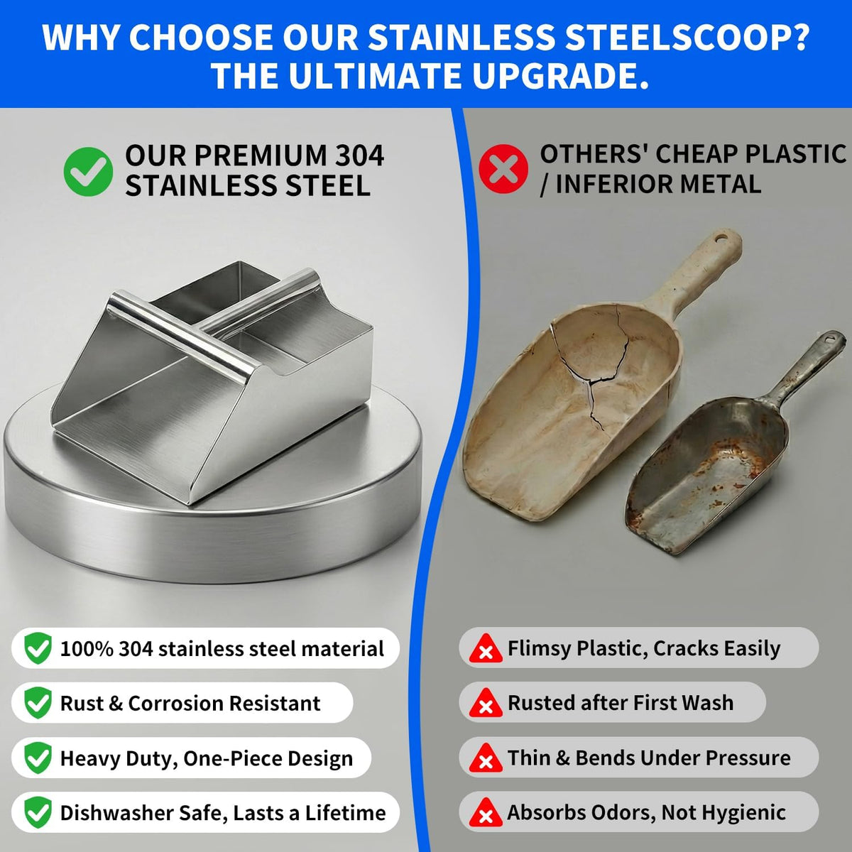 304 Stainless Steel Ice Scoop, Large 6-inch Metal Flour Scoop 50 Ounce