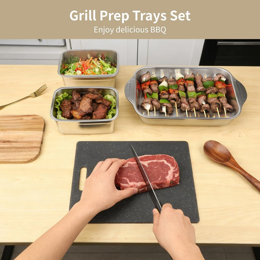4 Pcs Grill Prep Trays Set, Including Stainless Steel Grilling Prep and Serve Trays, Cutting Board, Marinade Container with Lids for BBQ, Kitchen, Camping