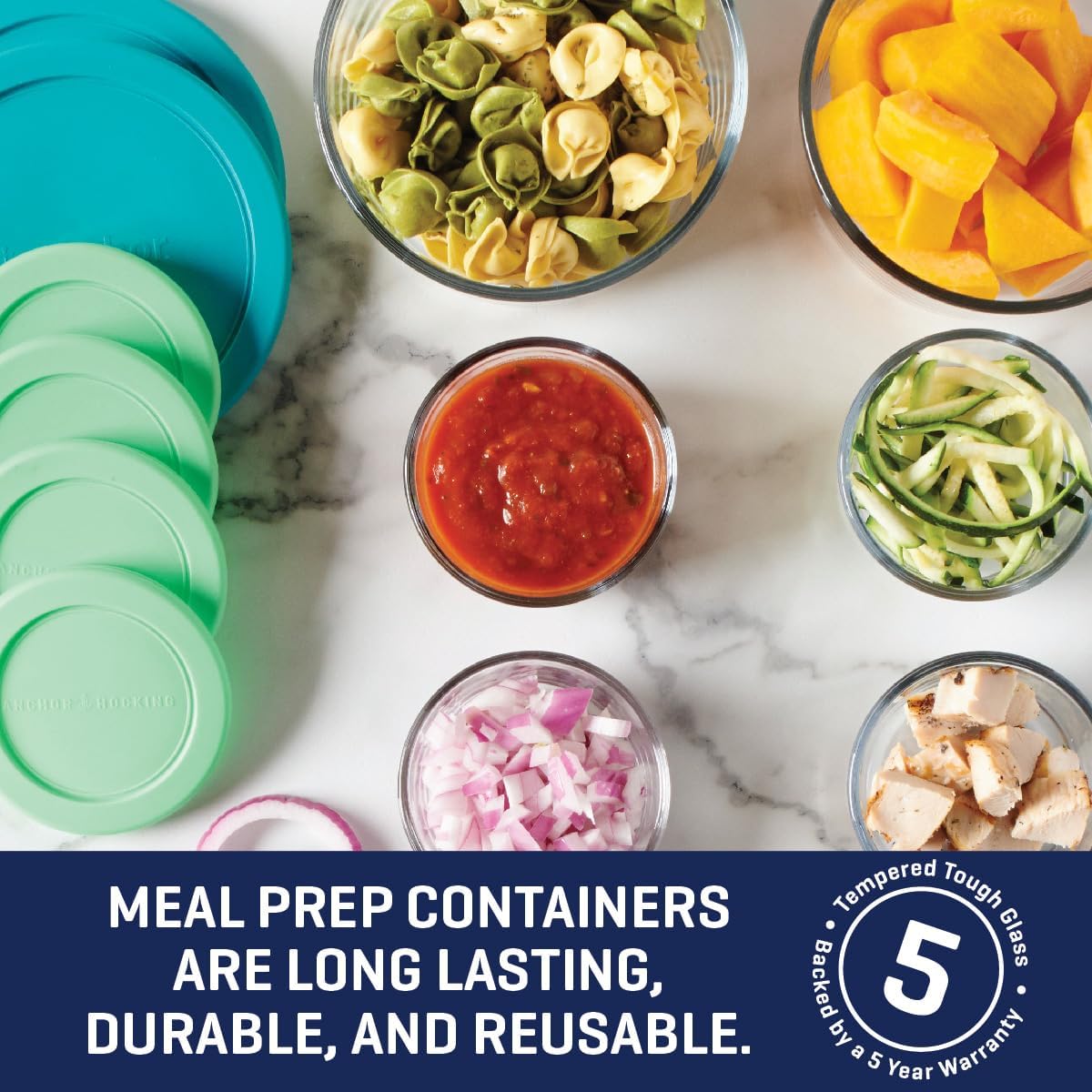 Anchor Hocking 12 Piece Glass Storage Containers with Lids (6 Glass Food Storage Containers & 6 Navy Blue SnugFit Lids)