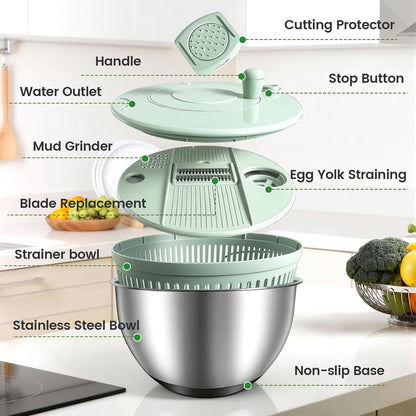 Stainless Steel Salad Spinner 3-in-1, One-Touch Stop and Non-Slip Base, Vegetable Dryer for Kitchens, Parties, and Health-Conscious People, 5.3 Qt