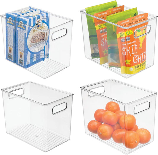 mDesign Plastic Storage Organizer Container Bin for Kitchen Organization in Pantry, Cabinet, Countertop Fridge, Refrigerator, and Freezer - Hold Food, Drink, or Snacks, Ligne Collection, 4 Pack, Clear