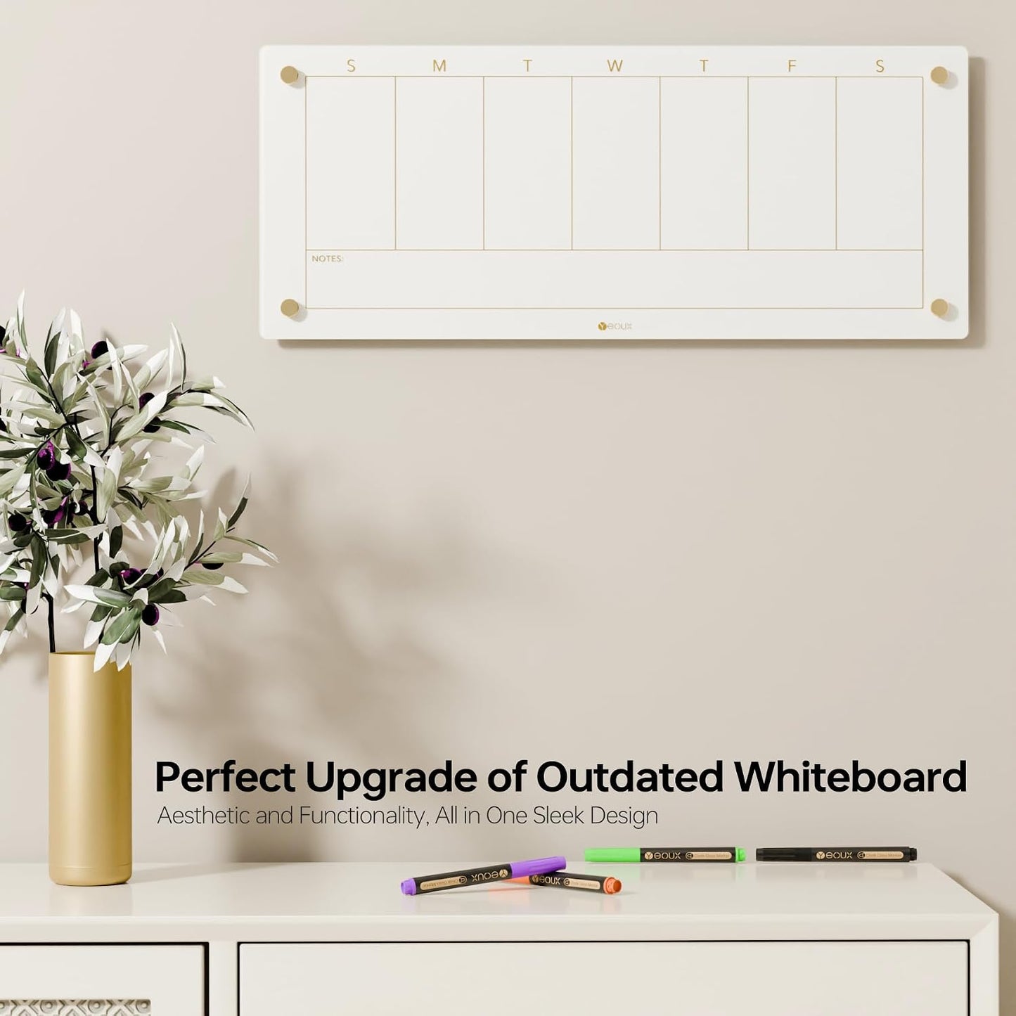 Clear Glass Weekly Dry Erase Calendar & Menu Non-Magnetic Whiteboard for Wall, Meal Plan & Grocery List White Board for Kitchen, 15x11, 7 Days Home Planner, 4 Wet Erase Markers Included, Yeoux