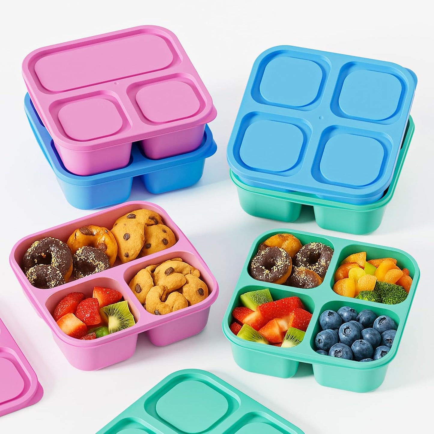 6 Pcs Snack Box Container Set, Reusable 3&4 Compartment Meal Prep Snack Containers for Adults Kids Toddler, BPA-Free Divided Lunchable Container for School, Work and Travel (Transparent Lids)