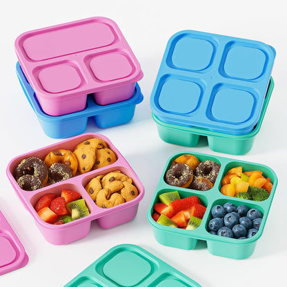 6 Pcs Snack Box Container Set, Reusable 3&4 Compartment Meal Prep Snack Containers for Adults Kids Toddler, BPA-Free Divided Lunchable Container for School, Work and Travel (Transparent Lids)
