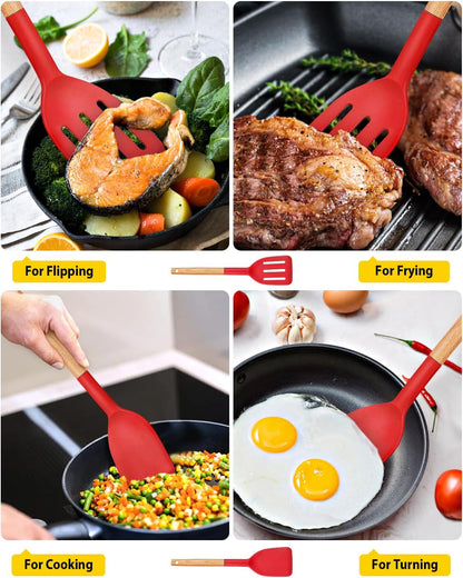 Pack of 2 Silicone Cooking Spatula, Heat Resistant Solid Turner, Non Stick Slotted Spatulas with Wooden Short Handle,Ideal Wood Kitchen Utensils Set for Frying, Baking, Flipping, Turning