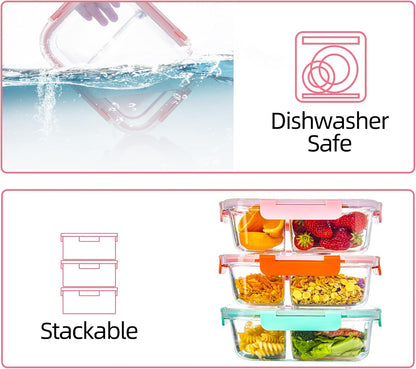 5 Pack Glass Meal Prep Containers 3 Compartment with Lids, Divided Glass Storage Containers with Silicone Sleeve for Lunch, Leak-Proof Portion Control Food Containers, Dishwasher Safe, 34 oz