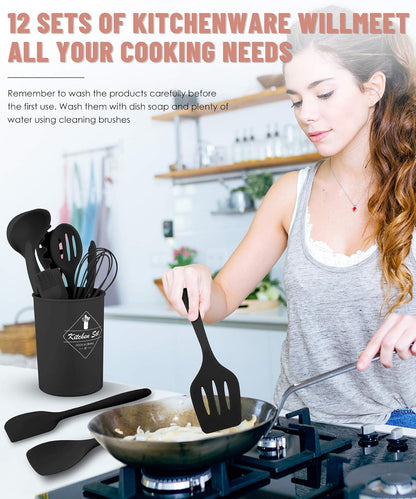 Kitchen Utensils Set-12 Pieces Silicone Cooking Utensils Set (Dishwasher Safe) 392°F Heat Resistant Spatula Set,Kitchen Utensil Set for Nonstick Cookware,Best Kitchen Tools with Holder