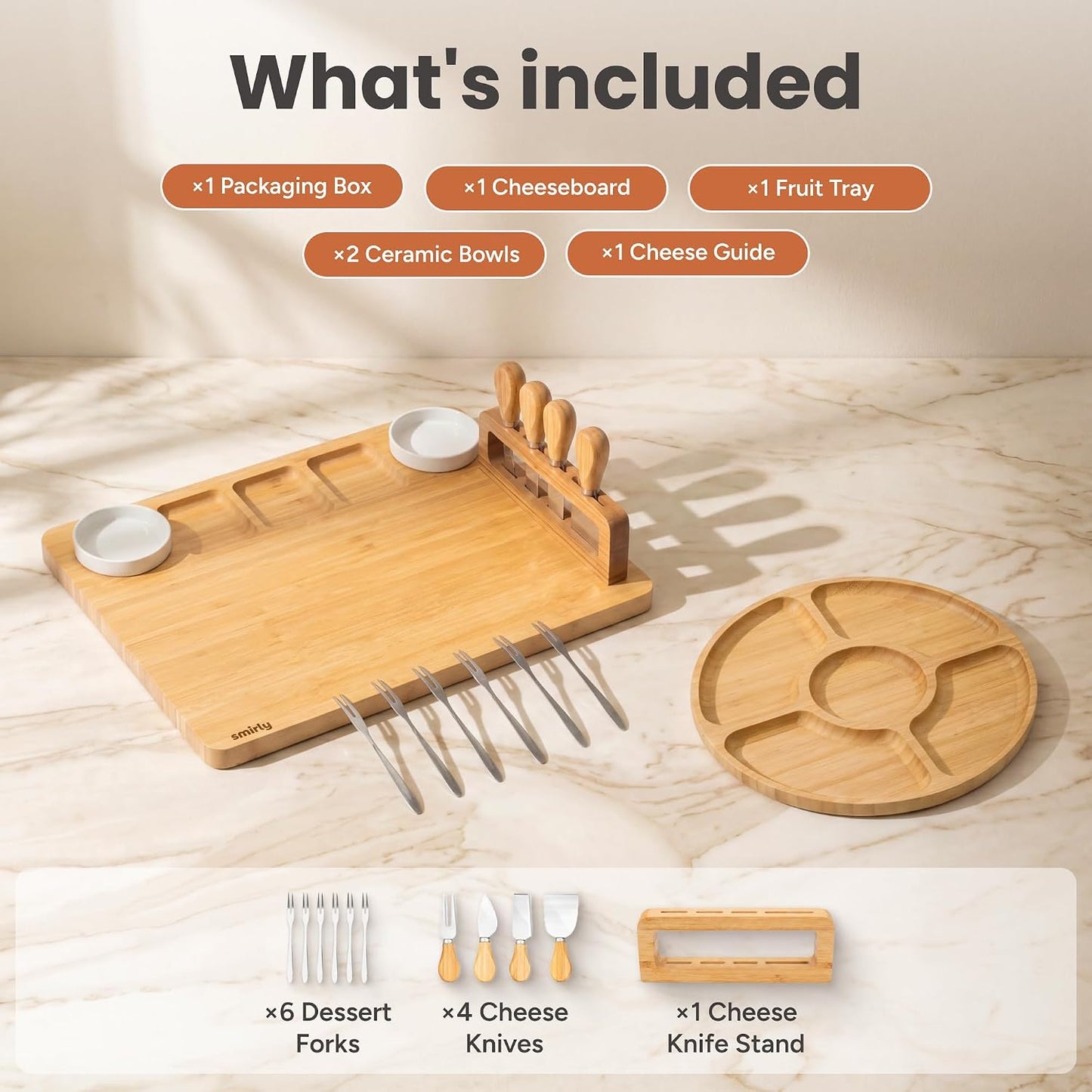 SMIRLY Charcuterie Boards Set, Large Cheese Board Set, Natural Bamboo Charcuterie Tray Cheese Platter with Accessories - Housewarming Gifts New Home, Wedding & Bridal Shower Gifts for Women, Couples