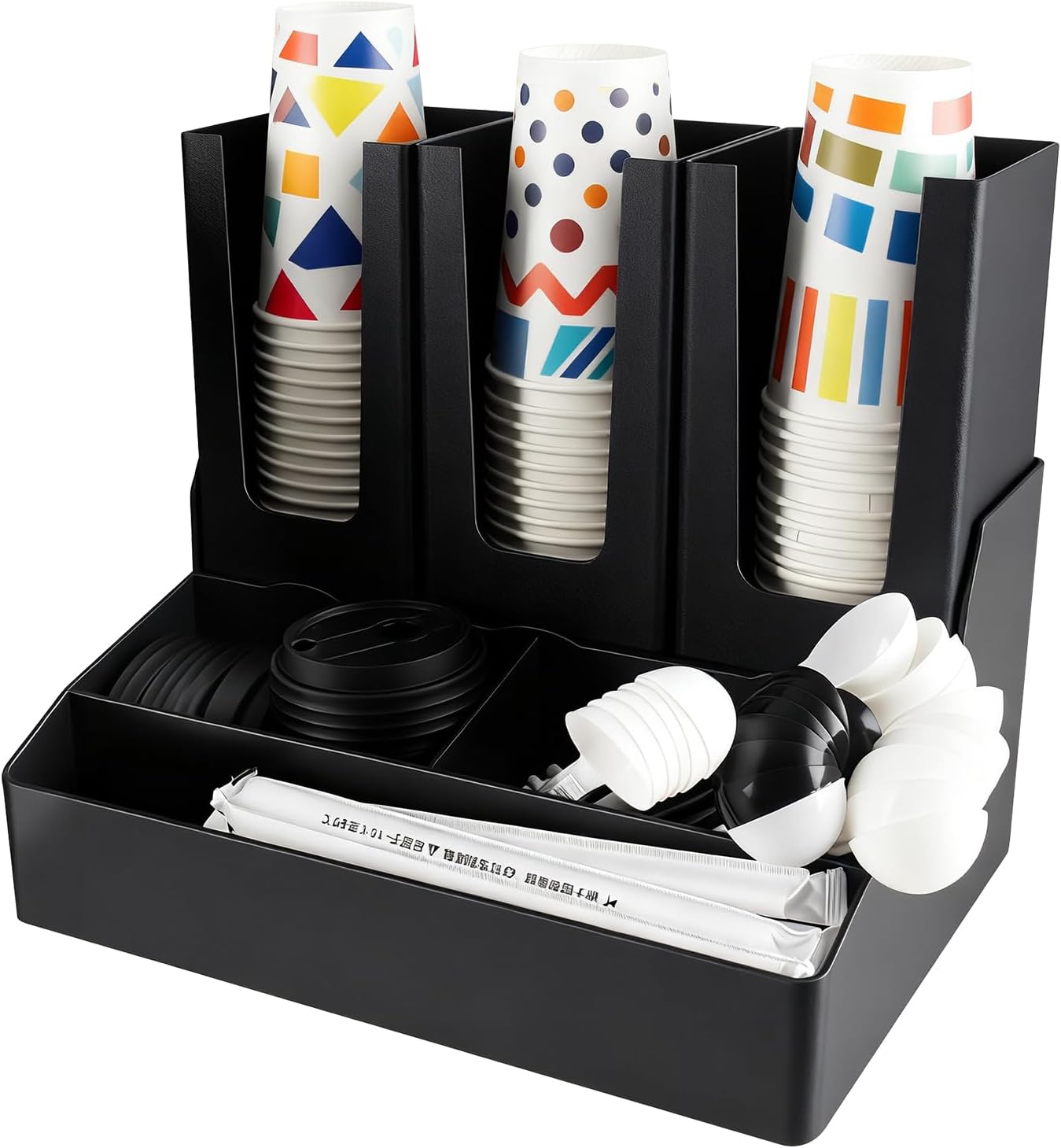 Commercial Cup and Lid Holder with Straw Organizer,Disposable Coffee Cup Condiment Dispenser for Countertop Org, Coffee Bar, Beverage Cup, Kitchen, Breakroom (11 Compartment Upright)