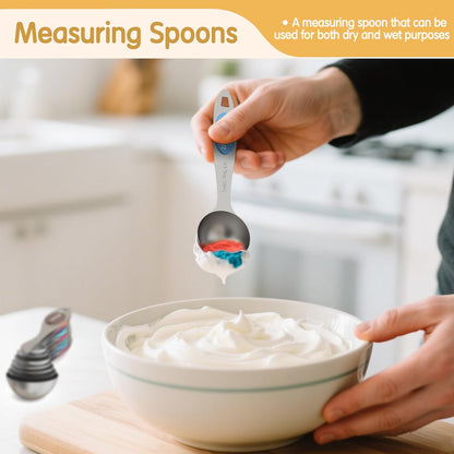 Magnetic Measuring Cups and Spoons Set, 5 Stainless Steel Measuring Cups for Dry and Liquid Ingredients, 7 Magnetic Measuring Spoons, 3 Plastic Measuring Cup with 1 Measuring Conversion Chart