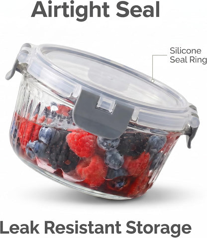 Glass Food Storage Containers with Lids, 12 Piece Glass Meal Prep Containers Set, Airtight Leakproof Snap Lock Lids, BPA-Free, Freezer Microwave Oven Dishwasher Safe, Ribbed Glass Containers